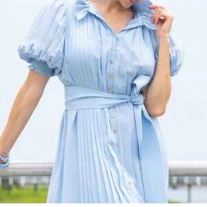 Elegant Sky Blue Midi Dress with Puff Sleeves